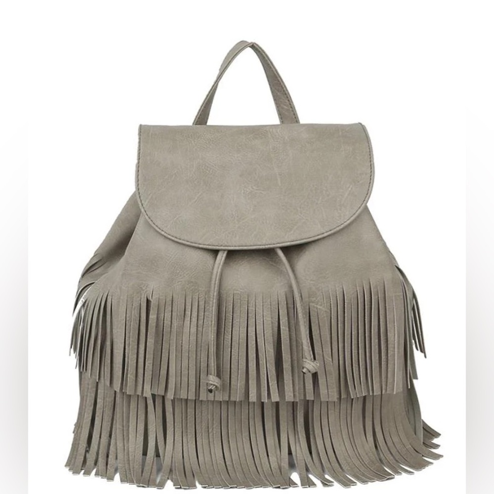 Grey Fringe Vegan Leather Drawstring Convertible Backpack by Metro Muse USA